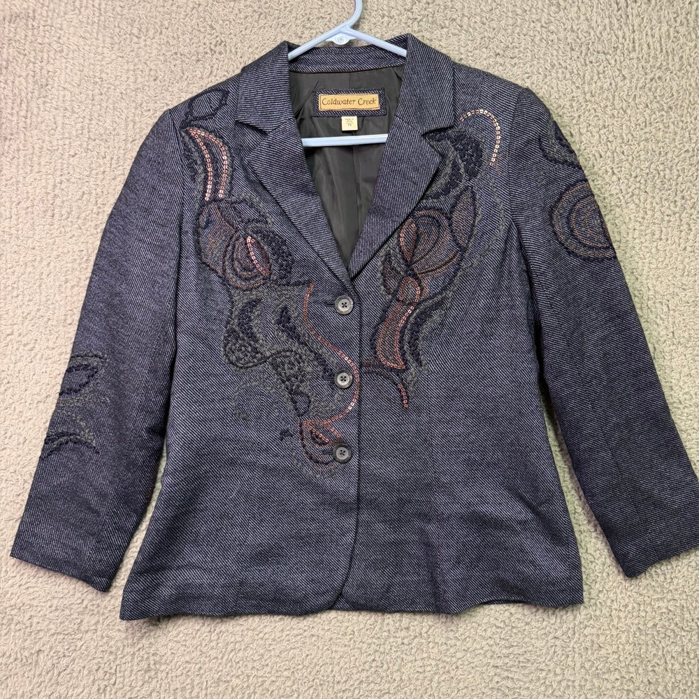 Coldwater Creek Women's Petite 8 Blue Gray Herringbone Embroidered Sequin Blazer